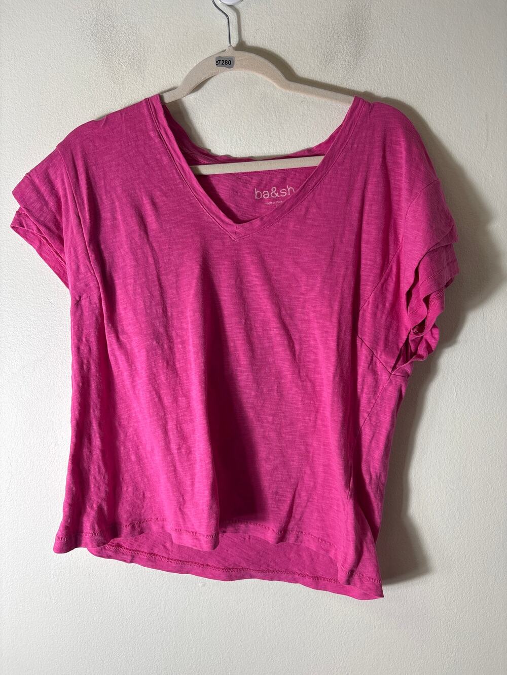 ba&sh Hot Pink Short Sleeve V-Neck Tee Shirt Sz S